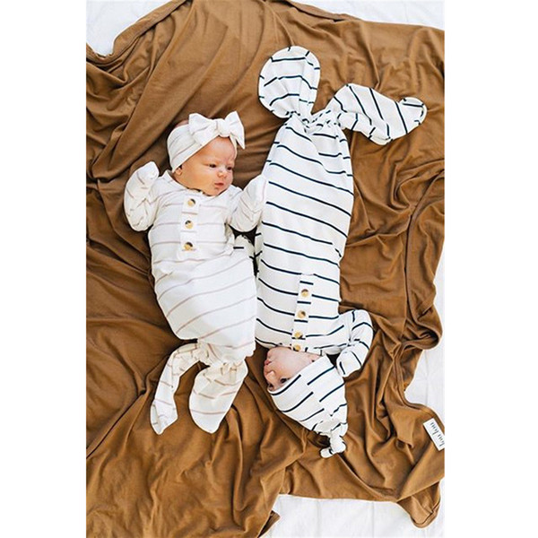 0-6M infant sleep bags toddler long sleeve swaddle with headbands baby cotton stripe two pieces set sleeping bag