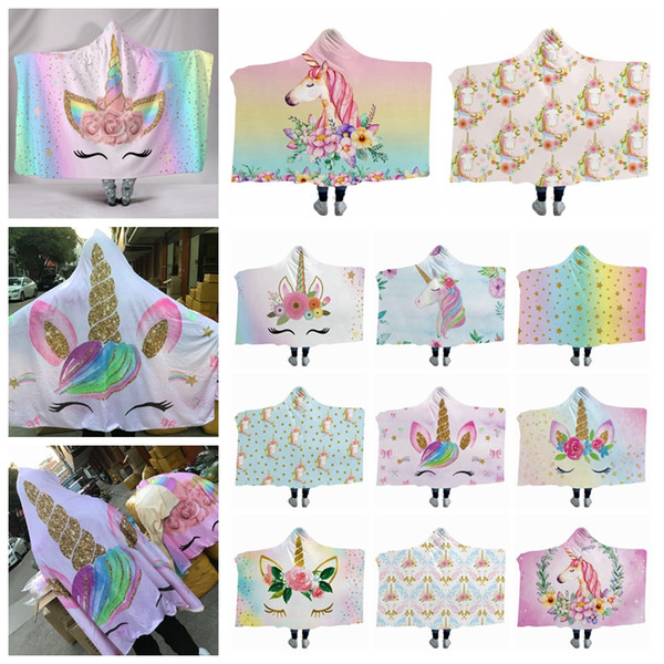 130*150cm 3D Printed Unicorn Cloak 39 styles Sherpa Hooded Thorw Blanket Kids Adults Winter Plush Cape Towel Christmas Fleece Shawl AAA1517