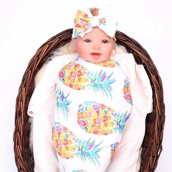 Infant Baby Swaddle Sack Girl Elephant Pineapple Feather Fox Flower Blanket Newborn Soft Cotton Cocoon Sleep Sack With Knot Headband Set