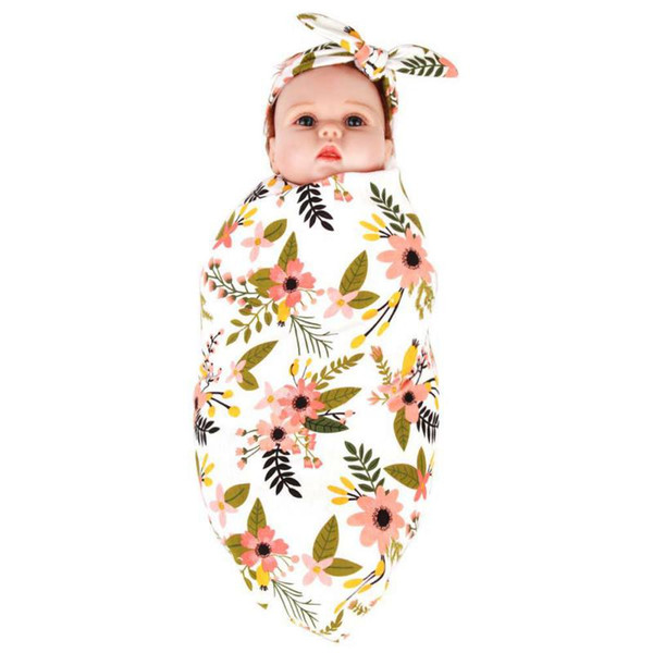 2018 Hot Fashion Newborn Unisex Baby Swaddle Floral Printed Soft Hospital Headwrap Set Bright Colors Headband M3