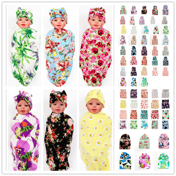 92 Colors Newborn Baby Swaddle Wrap Blanket Hat Set Infant Kids Flower Floral Swaddle Soft Cotton Wrap Cloth Knot Bow Cap Headbands BHBZ07