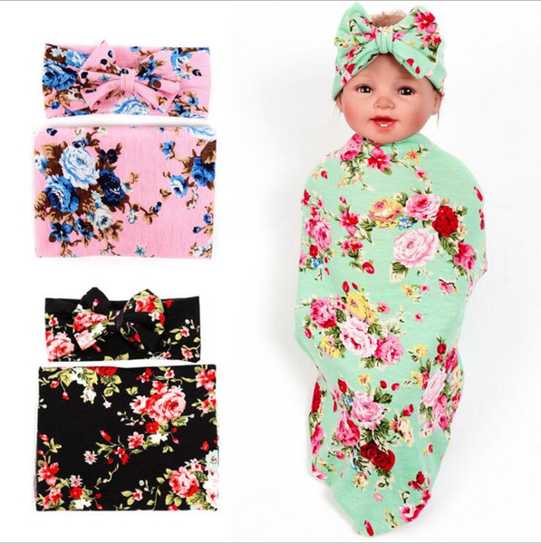 Baby Girls Floral Swaddle Wrap Blanket Bow Headbands Set Infant Flower Swaddle Soft Sleep Sack Baby Wrap Cloth Towel Hairbands Set BHB16