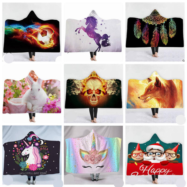 Unicorn Blankets 3D Hooded Blanket Cloak Magic Throw Blanket Fleece Skull Print Bath Towel Robes Christmas Flamingo Beach Shawl Swaddle