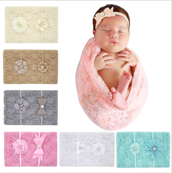 Newborn lace blankets baby girl cotton lace photography props with solid headbands kids flower bow-knot hair bands