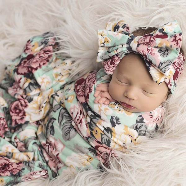 0-3M Baby Floral Receiving Blanket Hospital Nursery Swaddling Cotton Blanket With Headband Photography props