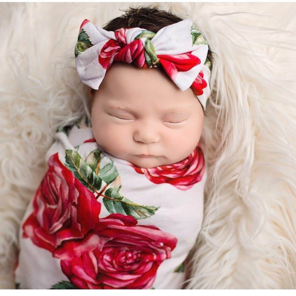 Retail Newborn Baby Girls Rose Flower Receiving Blankets Cotton Swaddles With Headband 2Pcs Sets 0-3 Monthes E624