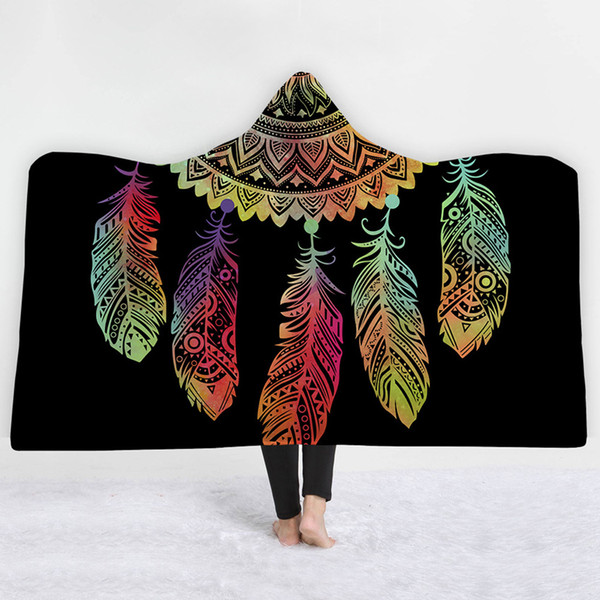 Newest Hooded Blanket Magic Wearable Throw Blanket Colorful Dream Catcher Printing Fleece Fabric Sofa Couch Bed Cover LE208