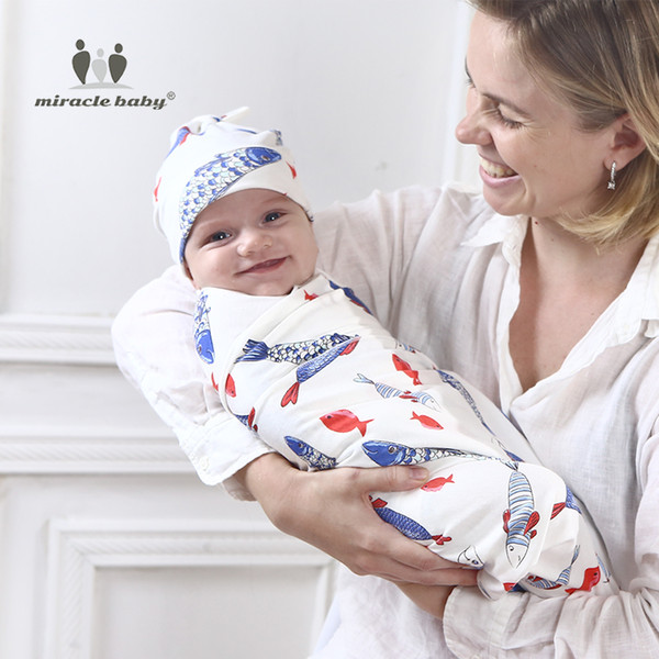 New Organic Cotton Newborn Swaddle Blanket Hats Baby Swaddle Set (Blanket wrap with Cap) for 0-6 Months Baby Photography Props