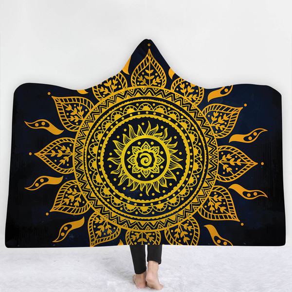 India Religion Moon Sun Mandala Printed Hooded Blanket for Adults Kids Warm Wearable Fleece Woman Throw Blanket Microfiber on The Sofa LE209