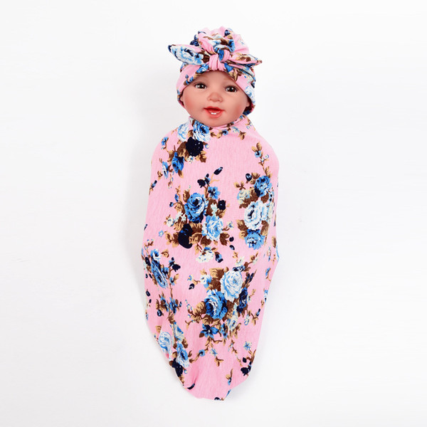 Newborn Baby Swaddle Wrap Blanket Hat Set Infant Flower Floral Swaddle Soft Cotton Sleep Sack Wrap Cloth With Rabbit Ears Cap Hats BM108