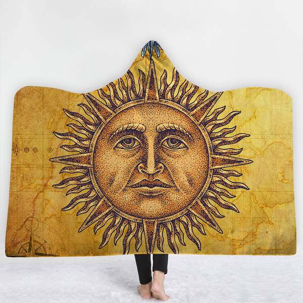 India Religion Moon Sun Mandala Printed Hooded Blanket Sherpa Fleece Warm Wearable Fleece Woman Throw Blanket Microfiber on The Sofa LE209