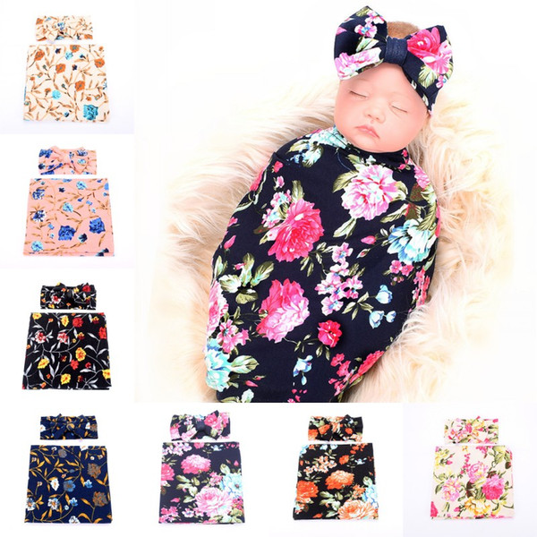 Baby Blanket Swaddle Newborn Infant Swaddling Blanket Floral Print Sleeping Wrap + Headband Set Baby Floral Warm Accessories