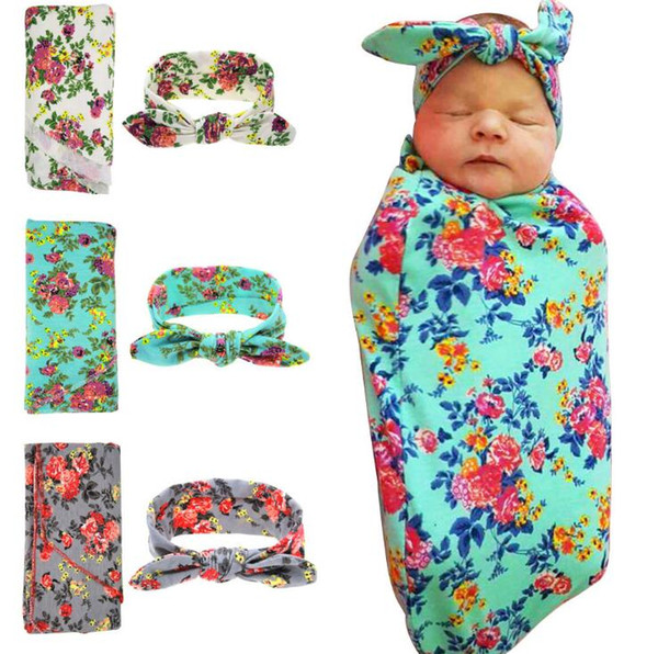 2018 Adorable Newborn Infant Baby Swaddle Blanket Baby Sleeping Swaddle Muslin Wrap Headband Floral Baby Blankets 6Color