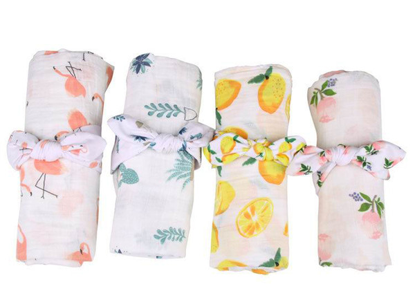 New Newborn Baby Floral Receiving Blankets Cotton Swaddle With Headband Flamingo Lemon Rose Flower Cactus