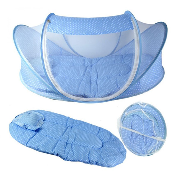 Foldable Baby Crib With Mosquito net Cotton Mattresses Padded Cushion Blue