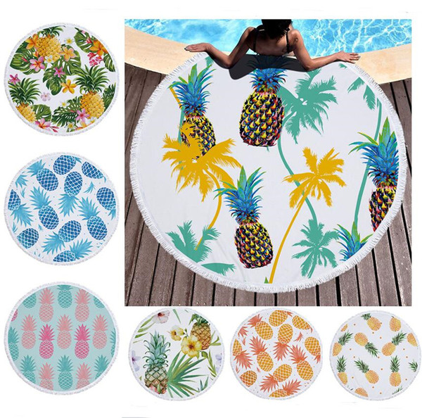 Pineapple Print Beach Towel Fruits Plants Floral Printing Round Beach Blanket Women Tassels Bath Towel Home Bed Sofa Mats Pads Carpet A6403