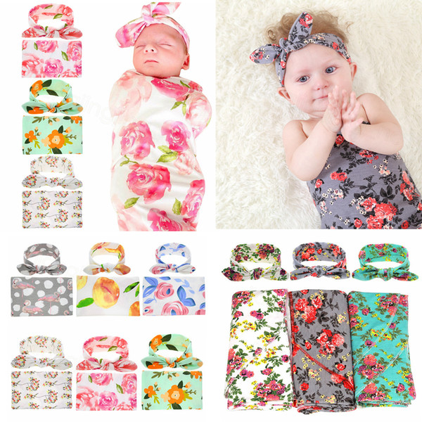 Newborn Baby Swaddling Blankets with Rabbit Ear Headbands Baby Floral Swaddle Wrap blanket Hairband Baby Cotton wrap towel cloth Set FFA3638