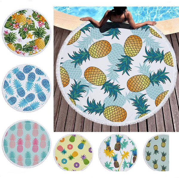 Round Beach Towel with Tassel Pineapple Fruits Plants Floral Printed Beach Blanket Women Bath Towel Home Bed Sofa Mats Pads Carpet A6403