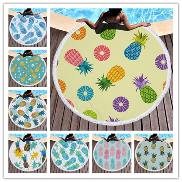 With Tassel Pineapple Print Beach Towel Fruits Plants Floral Round Beach Blanket Women Bath Towel Home Bed Sofa Mats Pads Carpet A6403