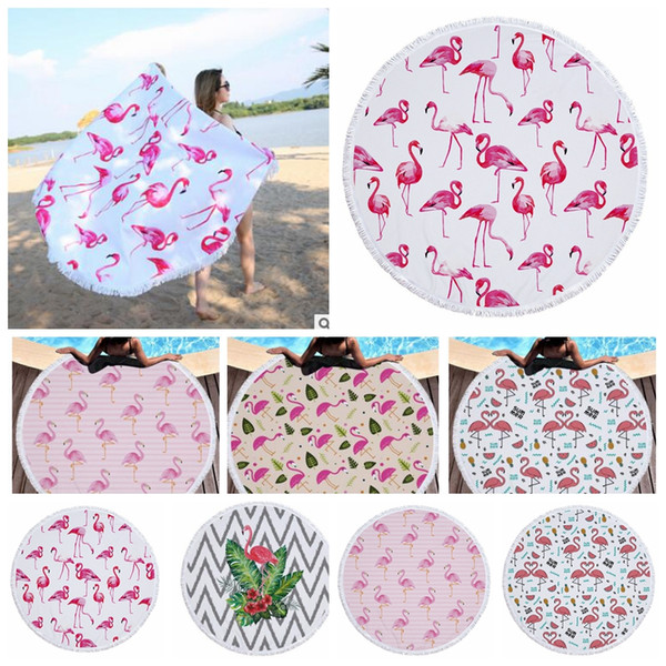 Flamingo Printed Round Tassel Beach Towel Women Shawl Tablecloth Picnic Rugs Yoga Mat Round Beach Towel KKA4125