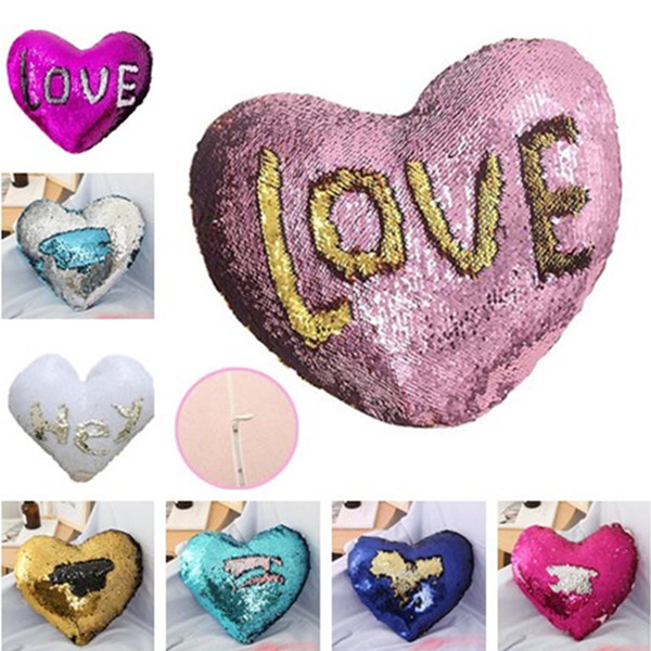 Hot fashion beautiful mermaid sequin Heart-shaped pillow double colors home cushion sofa warm sequin pillows T7I5027