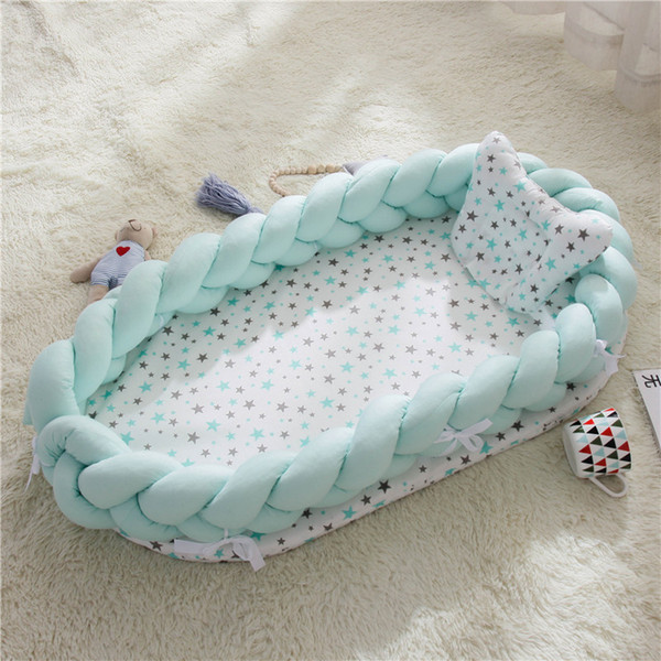 Portable Baby Nest Bed Newborn Bionic Bed Crib Cot Sleeping Artifact Travel With Pillow Knot Long Bumper Baby Knotted Braid