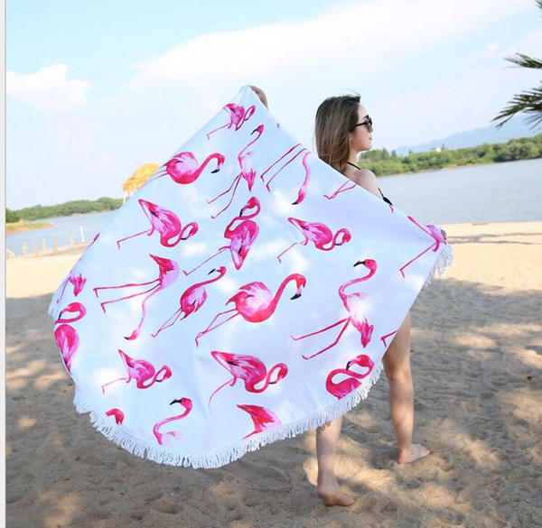 FLAMINGO Round Beach Towel With Tassels Microfiber Beach Picnic Blanket Yoga Mat 150cm Picnic Blanket Beach Cover Up