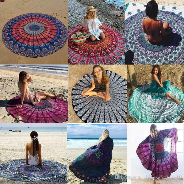 Fashion Print Peacock Mandala Round Beach Towel Bohemian Beach Shawl Beach Grass Indoor Chiffon Mat Yoga Mat All Purpose