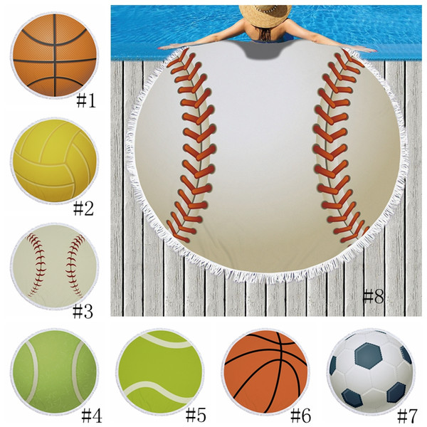 Round Sports Towel Baseball Football Beach Blankets Towels Summer Tassel Tapestry Polyester Bath Towel Picnic Pads Yoga Mats GGA1990