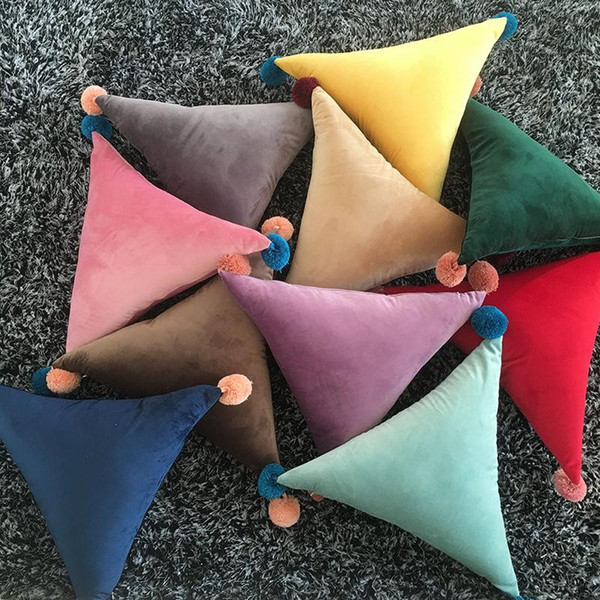 Velvet Cushion Ins Solid Triangle Rectangle Pillow Flush Pompon Ball Cushion Sofa Car Chair Home Decorative Throw Pillows T0496