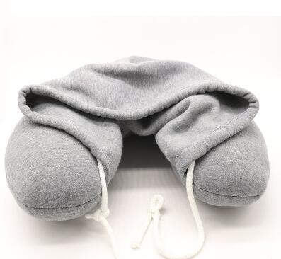 Soft Hooded U-pillow Body Neck Pillow Solid Grey Nap Cotton Particle Pillow Textile Home Airplane Car Travel Pillow