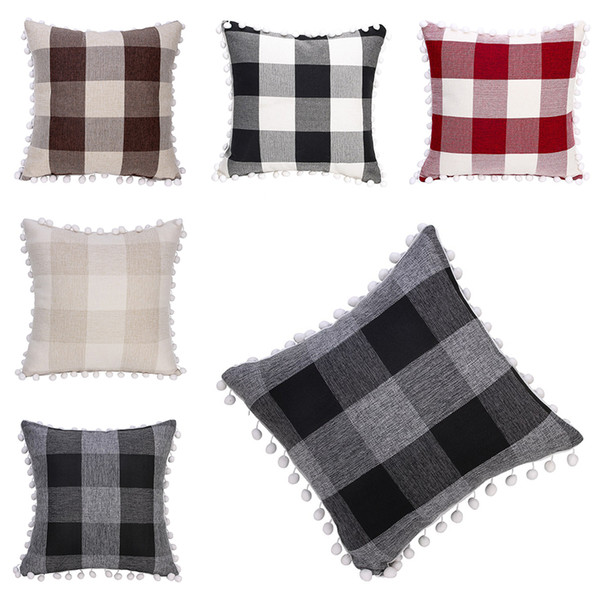 Tassel Pillow case Pompom Ball Home Decorative plaid Cushion Cover Grid 5 Colors Square Pillow Case For Sofa Chair Car 45*45cm C1548