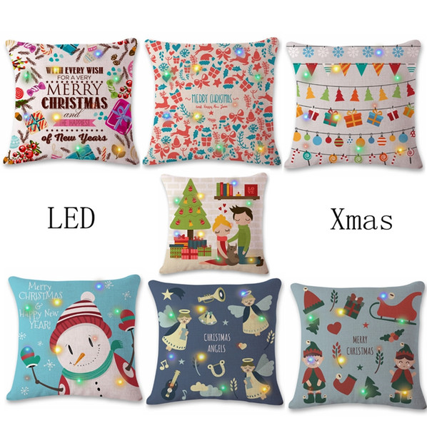 Christmas Pillow Covers LED Lights Cushion Cover Linen Square Throw Pillows Case Xmas Decorative Pillowcase Nursery Room Decor 7 Design 4643