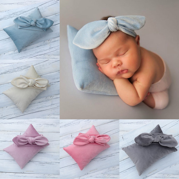 Newborn Infant Baby Props Photography Cute Velvet Pillow with Bowknot Headband Photography Props-Posing Pillow and Headband Set 15278