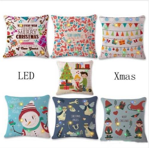 Throw Pillow Cover Christmas Pillows Case LED Lights Cushion Cover Linen Square Xmas Decorative Pillowcase Nursery Room Decor 7 Desig A6470