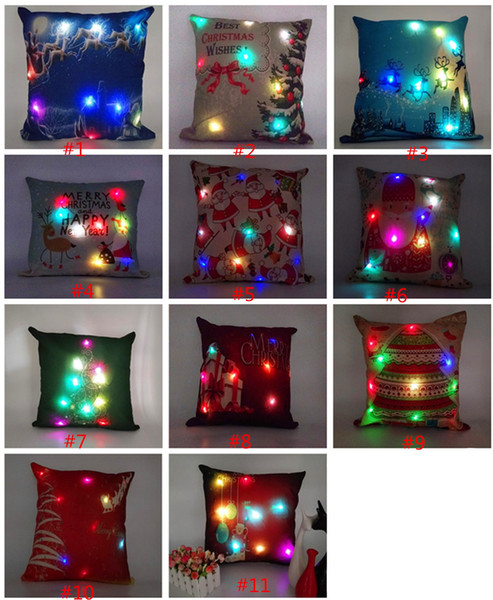 Led Light Pillow Case Luminous Christmas Decorations Pillow Cover Santa Claus Reindeer Print Pillowcase Sofa Car Decor Linen Cushion Cover