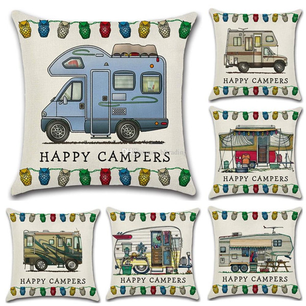 20 Styles Happy Campers Touring Car Pillowcase Linen Pillow Case Sofa Cushion Cover 45*45CM Home Cafe Office Decor Pillow cover C4717