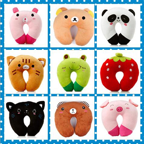 High quality Cute Soft Cartoon U Shaped Pillow 9 Styles Pink Pig Strawberry Frog Black Cat Tiger Bruins Pink Rabbit Panda Children's Pillows