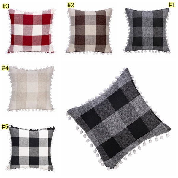 Tassel Pillowcases Pompom Ball Decorative plaid Cushion Cover Grid 5 Colors Square Pillow Case For Sofa Chair Car 45*45cm MMA1869