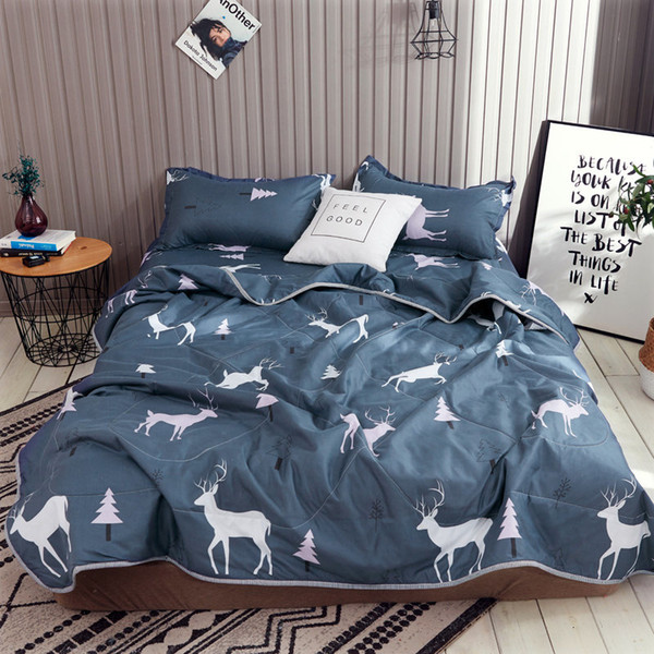 Cartoon Elks Printed Duvet Blue Quilted Bedspread Queen Size for Kids Children Colcha edredon Summer Mechanical Wash Quilts SH190917