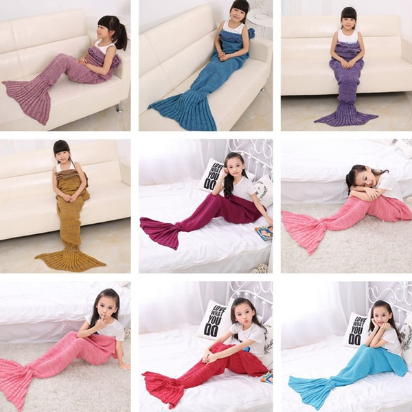 13 Colors 140*70cm Kids Handmade Knitted Mermaid Blankets Mermaid Tail Blanket Crochet Blanket Throw Bed Wrap Sleeping Bag IC860