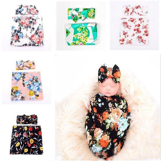 Newborn Baby Receiving Blankets with Hairbands Floral Flower Print Ear Bowknot Hairband Swaddling Clothes Free Shipping