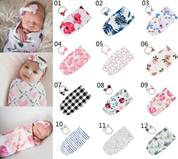 12 styles INS Newborn Floral Printed Sleeping Bag with Bow Headband 2pcs/set Soft Baby Swaddle Wraps Blankets Baby Photographic Props 20