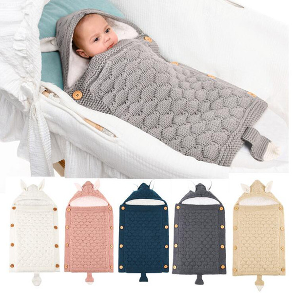 Baby Stroller Sleeping Bag Cute Rabbit Ears Knitted Warm Stroller Blanket Newborn Swadding Wrap Baby Blankets OOA7477