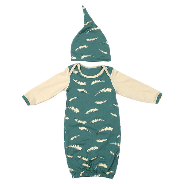 Baby Foot Cover Sleeping Bag Newborn Sleeping Bag Feather Print Green Baby Sleep Gown Sleep Sack With Sleeve Hat