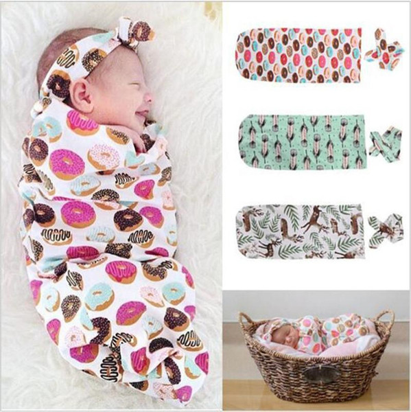 New Baby Sleeping Bags and Headband Animal Deer Bear Flower Pineapple Cute Cartoon Printed Infant Sleeping Bag Newborn Cotton Wrapped A41101