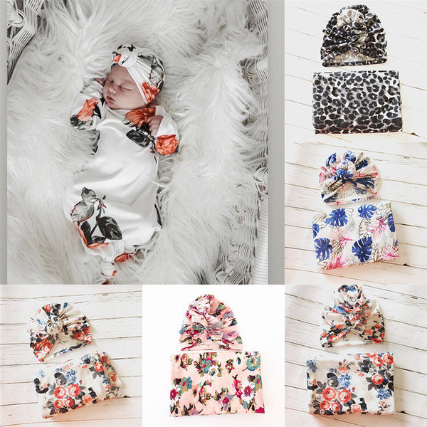 Baby Swaddle wrap Newborn Flower floral Leopard print Blankets kids Sleeping Bag Wrap with hat 2pcs/set 10 Styles 90*90cm C1768