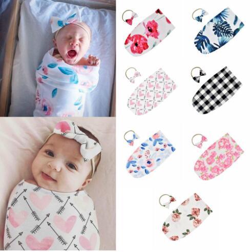 Newborn Sleeping Bags Flowers Printed Bowknot Stretch Headband Sleeping Bag 2pieces Kids Cotton Soft Sleeping Bags 10 Style WY165