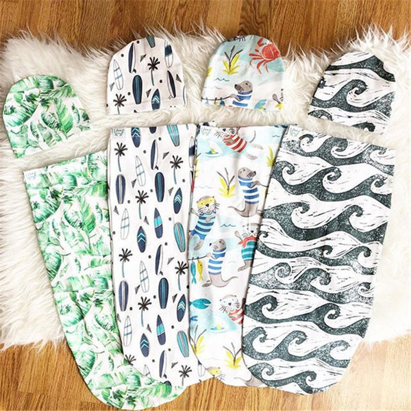 INS Newborn Baby Swaddle Wrap Sleeping Bags Hats Sets Animal floral Muslin Wrap Hat Toddler Cocoon Swaddling Sleep Sacks Swaddle Caps E22602