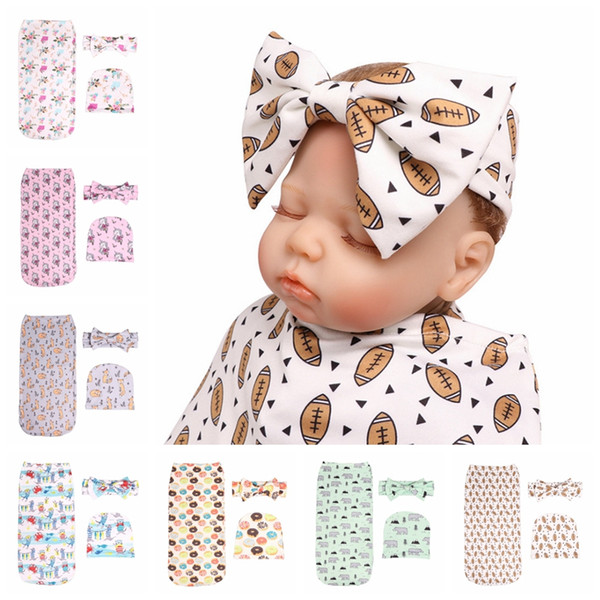 Baby Sleeping Bags Printed Infant Swaddle Headband Hat 3pcs Sets Cartoon Baby Wrap Photograph Props Softball Unicorn 10 Designs LQP-YW3198